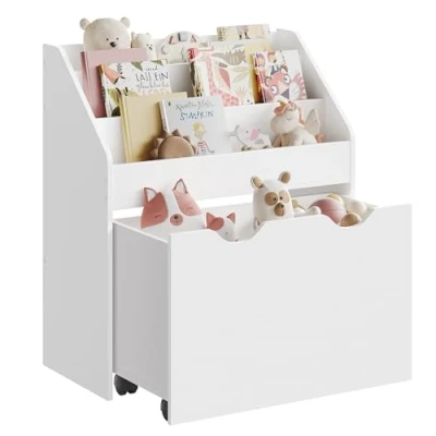 Imagen de SONGMICS Estantería de Juguetes con 3 Compartimentos, Librería Infantil, Caja Móvil, Ruedas, Multifuncional, para Habitación los Niños y Sala Juegos, Blanco Nube GKR041W10