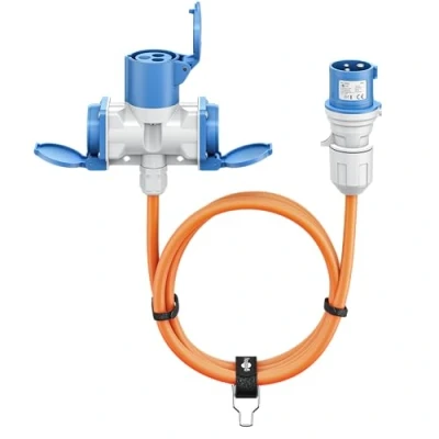 Imagen de goobay Cable Adaptador CEE para Caravana, 1,5m, Enchufe a 1x Toma y 2X con Contacto de protección, IP 44, Camping, Autocaravana Obras, 76231