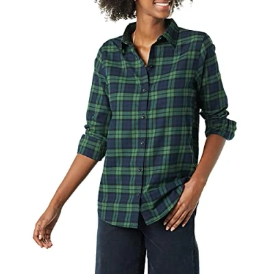 Imagen de Amazon Essentials Camiseta de Franela a Cuadros, Ligera, Manga Larga y Ajuste Clásico Mujer, Azul Marino Verde Oscuro Cuadros Medio, XL