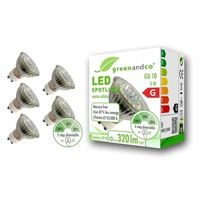 Imagen de 5x Spot LED greenandco® regulable en pasos sin regulador IRC 90+ GU10 5W (corresponde a 39W) 320lm 3000K (blanco cálido) SMD 110 230V AC, parpadeo