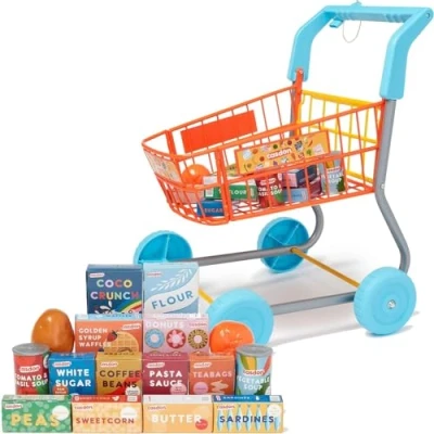 Imagen de Casdon Carrito de la Compra Juguete Colorido para niños a Partir 3 años. Equipado con Todo lo Necesario un emocionante Viaje Compras, Naranja y Azul