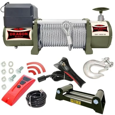 Imagen de Dragon Winch Cabrestante eléctrico 24V 14000 lbs / 6350 kg con Cuerda de acero 30m para camiones, vehículos comerciales, bomberos control remoto inalámbrico y accesorios Cabestrante Truck