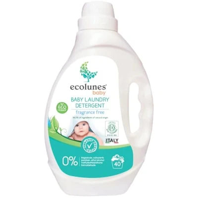 Imagen de Ecolunes detergente para ropa bebé hipoalergénico, sin perfume, 98,50% ingredientes de origen natural, seguro el medio ambiente y la salud tu hijo, dermatológicamente probado, 2L
