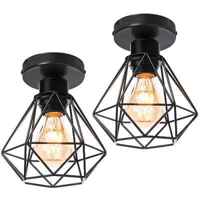 Imagen de iDEGU 2 Piezas Lámparas de Techo Vintage Ø16cm E27 Iluminación Plafon Retro Colgante Industrial Estilo Jaula Diamante en Metal Luz Para Pasillo Dormitorio (Jaula B, Negro)