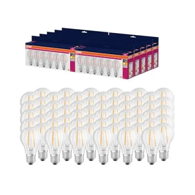 Imagen de OSRAM LED Star VALUE A60, paquete de 60 bombillas, reemplaza bombillas incandescentes tradicionales 60W, blanco cálido (2700K), 6.5W, casquillo E27, vidrio filamento, no regulable