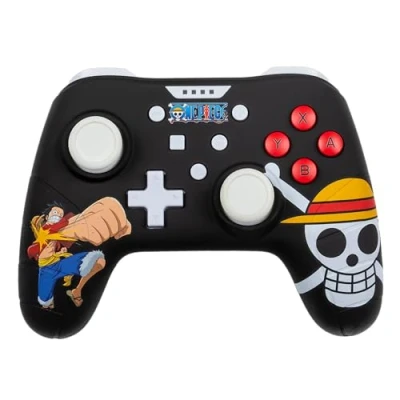 Imagen de Konix Mando One Piece con cable para Nintendo Switch, Switch OLED y PC, función de vibración, 3 m, diseño Luffy, color negro