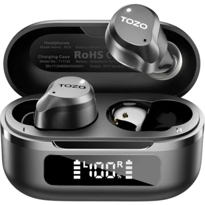 Imagen de TOZO Hybrid Auriculares Inalámbricos Bluetooth, Inalambricos Bluetooth 5.3 Híbrida ANC IPX8 ENC Llamadas EQs ORIGX 2.0 59H Reproducción Baja Consumo USB C Negro