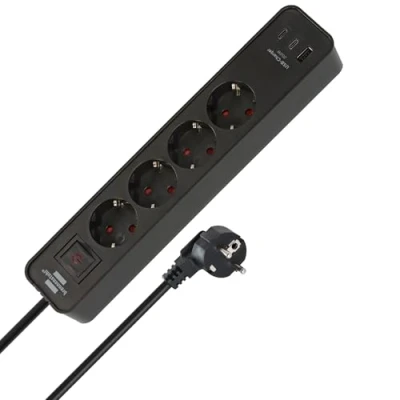 Imagen de Brennenstuhl Ecolor Regleta de enchufes 4 vías con 3 Tomas Carga USB (Regleta 2X C PD 20W y 1x A, Interruptor Cable 1,5m) Negro
