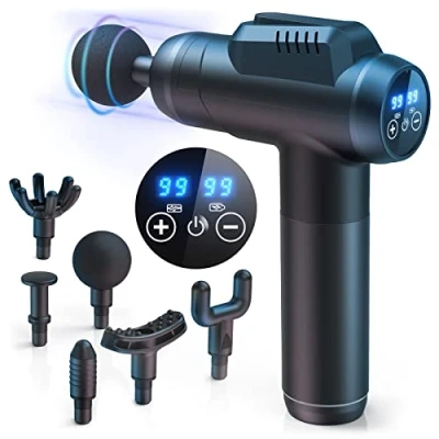 Imagen de Pistola de Masaje Muscular, Masajeador Cervical y Espalda, 99 Niveles Ajustables, 6 Cabezales Masaje, Pantalla LCD Carga Tipo C, Profesional Massage Gun para Aliviar el Dolor Muscular
