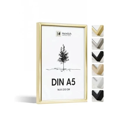 Imagen de Heimlich® 1 x marco de fotos A5 Aluminio Dorado marcos cuadros Vidrio Acrílico Irrompible Grano Visible Duradero Fácil Colgar Para Decoración Pared y Hogar