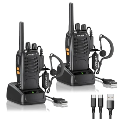 Imagen de JUCJET 88E Walkie Talkie Recargable, 16 Canales PMR446 Walky Talky, Cargador USB, Radiocomunicación con el Auricular Incorporado Antorcha de LED (Negro)
