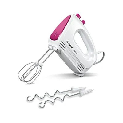 Imagen de Bosch MFQ2210P Batidora de mano, 2 varillas y ganchos para amasar acero inoxidable, apto lavavajillas, 4 niveles, 375 W, color blanco/rosa