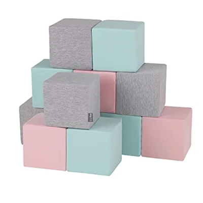 Imagen de KiddyMoon Bloques Blandos 12 Piezas para Niños 14Cm, Cubos:Gris Claro/Rosa/Menta