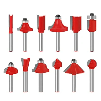 Imagen de Baorder Juego de 12 brocas fresadora 6 mm metal duro, para trabajos madera, recortar, ranuras, incluye punta recta, broca cove Bit, Chamfer Bit)
