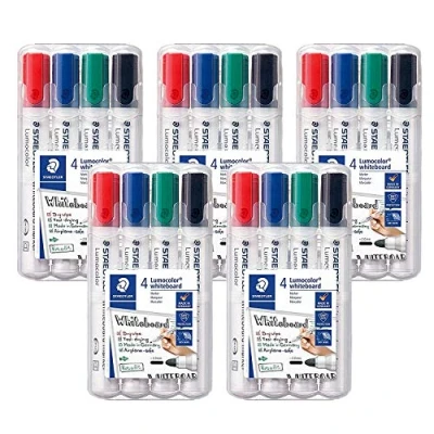 Imagen de Staedtler Lumocolor 351 WP4 Rotuladores para pizarra blanca, punta redonda, estuche con 4 colores (colores surtidos, juego de rotuladores, 5 unidades)