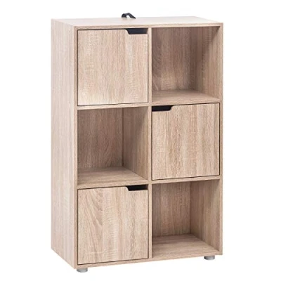 Imagen de WOLTU Estantería para Libros Estantes de Almacenamiento Estante Piso Exposición Pared con 3 Puertas, MDF, 6 Compartimentos, 59.6x29x91cm SK001hei