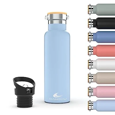 Imagen de Daikoku Botella, Botella Termica Acero Inoxidable Doble Pared, Termo Mantiene Bebida Fria o Caliente Horas, Dos tapones, Color Azul Celeste, 1 L
