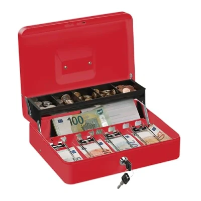 Imagen de Relaxdays Caja Dinero con Llave, Bandeja Monedas y 4 Compartimentos Billetes, Cajita Hierro, 8,5x30,5x24,5 cm, Rojo, 8.5 x 30.5 24.5 cm