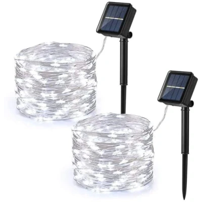 Imagen de PhilzOps 120 Led Guirnaldas Luces Solar, 2 Pack 12M Cadena de Exterior 8 Modos Impermeables Solares para Navidad Fiestas Patio Árbol Jardines Dormitorio Decoracion (Blanco Frio)