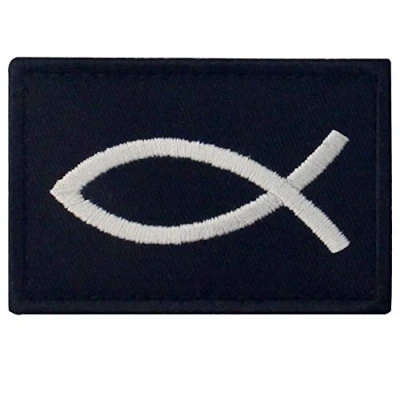 Imagen de Jesús Pescado Ichthys Broche Bordado de Gancho y Parche bucle cierre, Blanco negro
