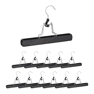 Imagen de Relaxdays Perchas Pantalones, Pack de 12 Unidades, Pinzas para Faldas, Antideslizantes, 17 x 25 2,3 cm, Madera, Negro