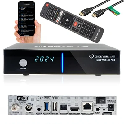 Imagen de GigaBlue UHD Trio 4K Pro Cable Sat Receiver DVB S2X/C/T2 sintonizador Función de grabación PVR Ready en USB/SD Tarjeta WLAN 1200 Mbit/s HDMI, USB, LAN, Bluetooth Incluye HDMI Babotech