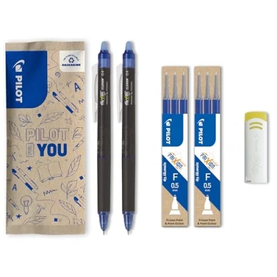 Imagen de PILOT FriXion Point Clicker Lote de 2 bolígrafos retráctiles borrables azules punta fina 0,5 mm + juegos 3 recambios goma