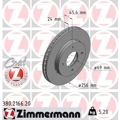 Imagen de ZIMMERMANN COAT Z 380.2166.20 Disco de freno 256 24 4/4 4 114 ventilación externa revestido altamente carbonizado MITSUBISHI: COLT 6