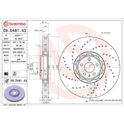 Imagen de BREMBO 09.D481.43 disco de freno 420 40 5 perforado/ventil. int., dos piezas revestido altamente carbonizado