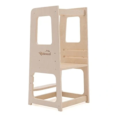 Imagen de Robincool Torre de Aprendizaje Montessori Evolutive 40x44x90 cm Madera Eco con Altura Regulable y Barra Seguridad