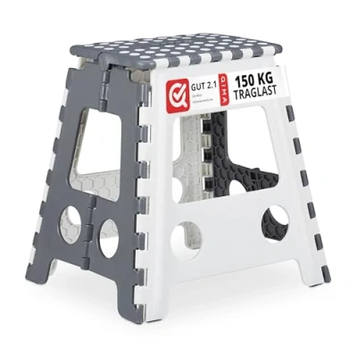 Imagen de Relaxdays Taburete Plegable XL, 1 Escalón, Banqueta con Asa, hasta 150 kg, Plástico, 39 x 32 cm, Gris/Blanco, Unidad