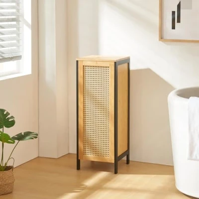 Imagen de [en.casa] Cesto de Ropa Sucia con Tapa 51 L Mueble Auxiliar Baño Compartimento para Ventilación Óptima Cuarto Dormitorio MDF Bambú Ratán 80 x 30 cm Negro/Natural