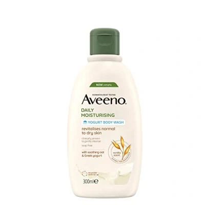 Imagen de Aveeno Jabón corporal de yogur hidratante diario (1 x 300 ml), gel baño suave con avena coloidal calmante y griego probiótico, limpiador perfumado albaricoque miel para piel