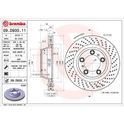Imagen de BREMBO Disco de freno PORSCHE: 911 Coupé 28mm 5 perforado/ventil. int. revestido altamente carbonizado con tornillos 09.D935.11 91135240200