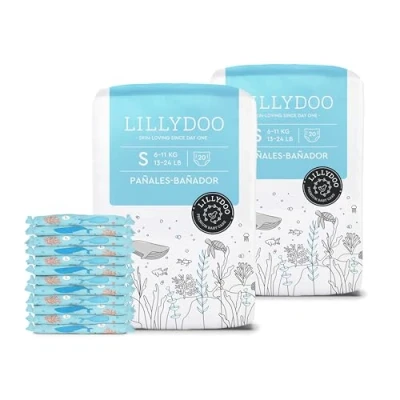 Imagen de Pañales bañador LILLYDOO desechables, respetuosos con la piel, para bebés talla S (611 kg), 2 paquetes (40 unidades) diseño acuático, una protección segura en el agua