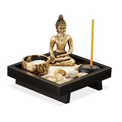 Imagen de Relaxdays Jardín Zen, Buda, Piedras, Arena, Incienso y Portavelas, Decoración Feng Shui, Madera Plástico, 1 Ud., Negro