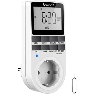 Imagen de Temporizador Enchufe Digital, Besvic Programador 3680W con Pantalla LCD Grande, 10 Programas Diarios y Modo Antirrobo, Programable Ahorro Tiempo Energía (1 Pack)