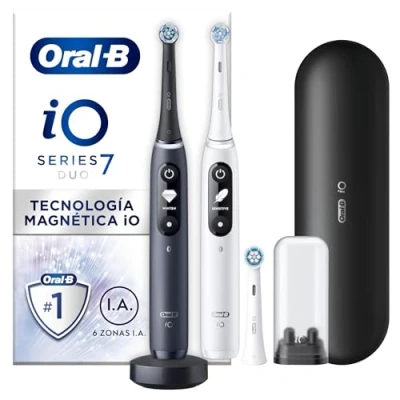 Imagen de Oral B iO 7 Pack Doble, Cepillos de Dientes Eléctricos, 2 Cepillos, Mangos con Bluetooth y Tecnología Magnética, 3 Cabezales 1 Funda Viaje, Regalos Originales Blanco Negro