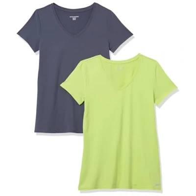 Imagen de Amazon Essentials Camiseta técnica elástica de Manga Corta y Cuello en Pico (Disponible Tallas Grandes) Mujer, Pack 2, Gris Pizarra/Verde Lima, XS