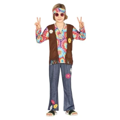 Imagen de FIESTAS GUIRCA Disfraz de Niño Hippie Atuendo Infantil Años 70 con Cinta Cabeza Hippie, Camiseta Multicolor Tie Dye, Chaleco y Pantalón para Niños 7 9