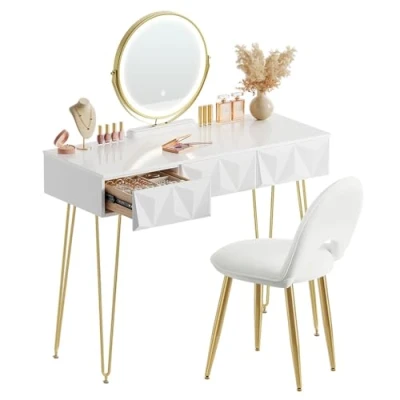 Imagen de EUGAD Tocador Maquillaje con Espejo y Luz LED, Iluminación Ajustable, Conjunto de Mesa Silla Terciopelo, Escritorio 3 Cajones, Blanco + Dorado, 0054SZT