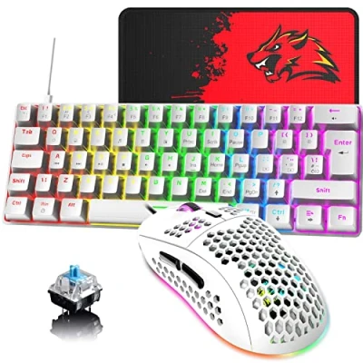 Imagen de teclado y ratón para juegos con cable de 60% diseño del Reino Unido, 62 teclas, mini mecánico compacto, retroiluminadas arco iris, 6RGB retroiluminado 6400 DPI(interruptor blanco/azul)
