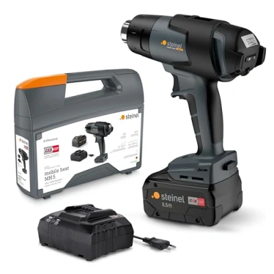 Imagen de Steinel mobile heat MH5 Pistola de aire caliente profesional con batería, en maletín, consumo 18 V, cargador y batería 5,5 Ah, temperatura 500 C caudal 300 l/min