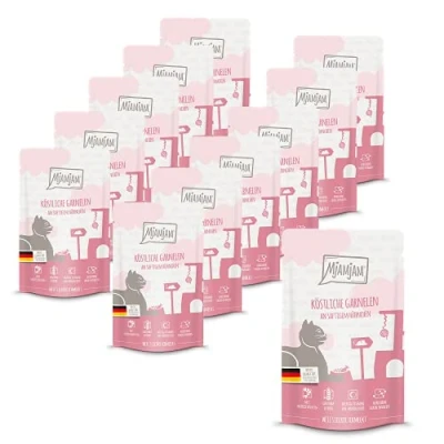 Imagen de MjAMjAM comida húmeda premium para gatos Quetschie deliciosas gambas sobre jugoso pollo, pack de 12 (12 x 125 g), sin cereales con extra carne