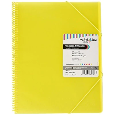 Imagen de Grafoplás Carpeta de Fundas A4 Espiral Color Amarillo 50 Forros Transparentes PVC Tapas Polipropileno Gomas Cierre Maxiplás Multiline