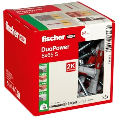 Imagen de fischer DUOPOWER 8 x 65 S, tacos y tornillos para pared universales de seguridad, 2 componentes plástico fijación en hormigón, ladrillo, piedra, cartón yeso, (25 + 25 tornillos)