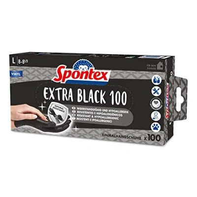 Imagen de Spontex Extra Black Guantes desechables de vinilo, sin polvo y látex, versátiles, en práctica caja dispensadora, talla L, paquete 100 unidades, color negro