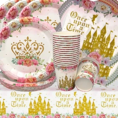 Imagen de Vajilla para Fiesta de Castillo,Doyomtoy Temática Princesa Decoraciones Cumpleaño Platos Tazas Servilletas Suministros 61 Piezas
