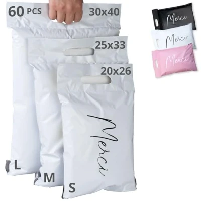 Imagen de 60 Sobres para envíos de ropa 3 Tamaños S/M/L 100% OPACO/ULTRA RESISTENTE/IMPERMEABLE Plastico Bolsas Envio Paquetes Cajas Envios Gracias