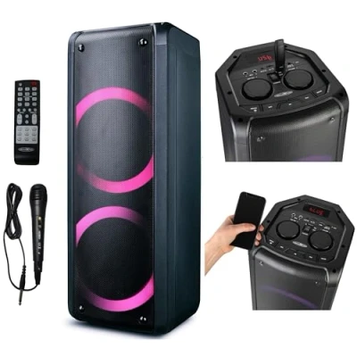 Imagen de Reflexion PS09BT Altavoz portátil con Bluetooth para DJ, Karaoke, 500 W, Radio FM PLL, Efecto LED Cambio de Color, Incluye micrófono, batería integrada, Color Negro